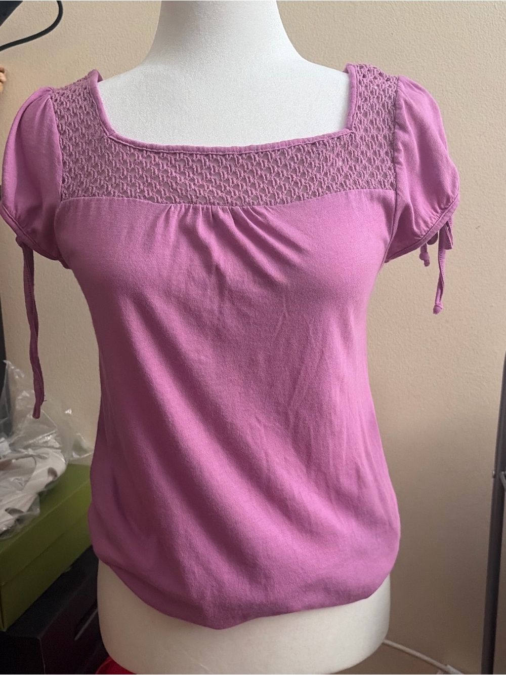 Old Navy Pink Short-Sleeve Smocked Yoke Top
